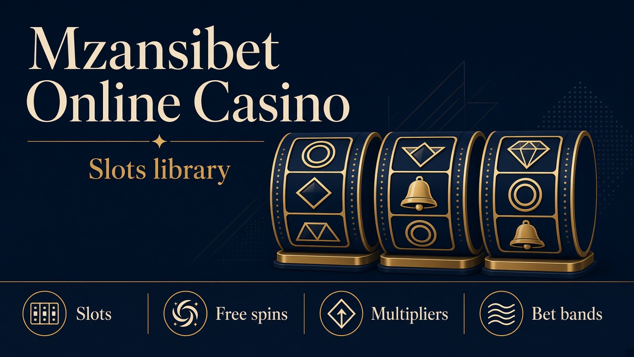 Mzansibet Online Casino slots library infographic with reels, free spins, multipliers and bet bands